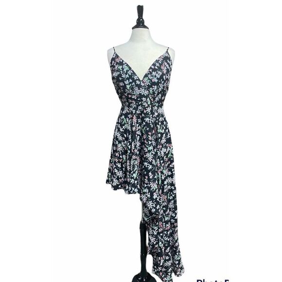 Fanco Black Floral Spaghetti Strap Asymmetrical Dress Size Medium NWT - Picture 1 of 9